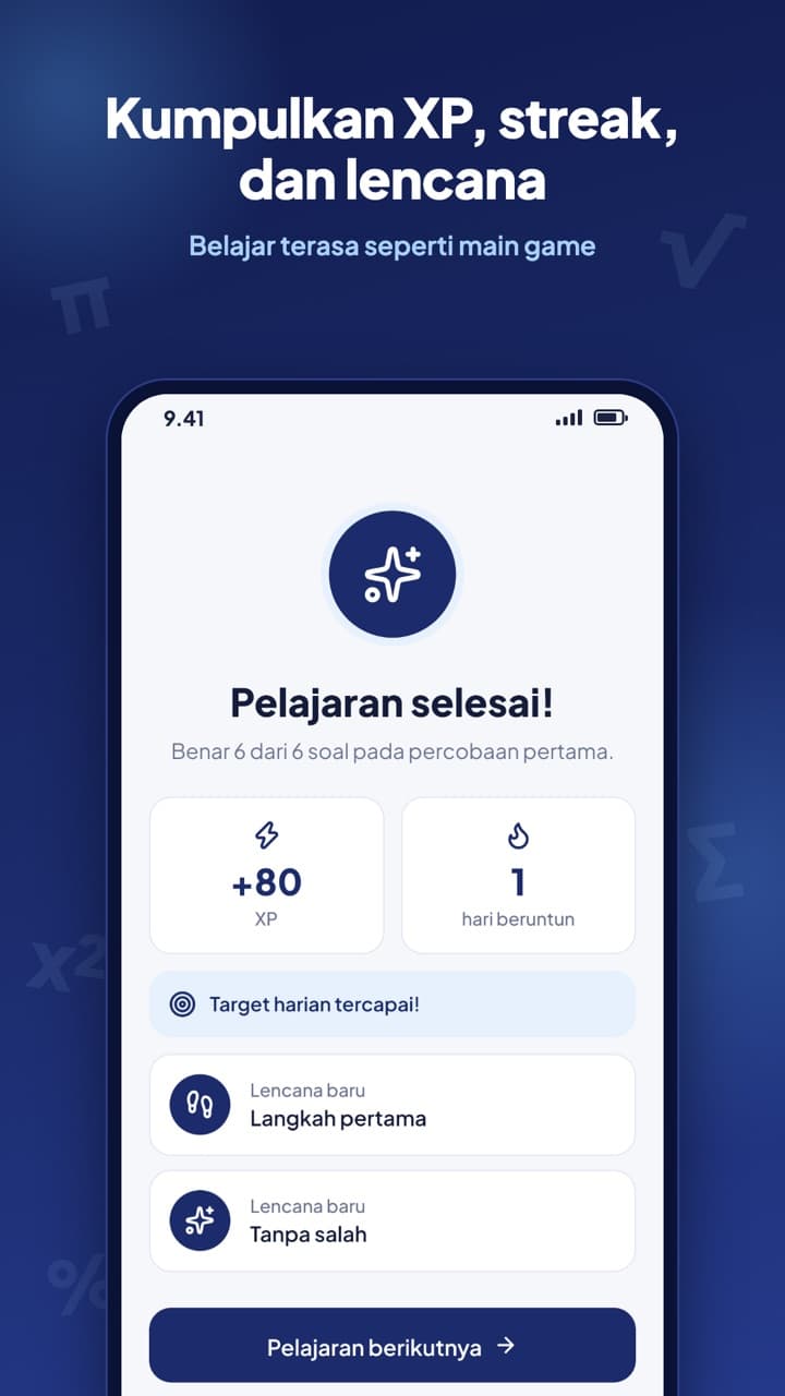 Layar selesai belajar dengan XP, streak, dan lencana di Analogis