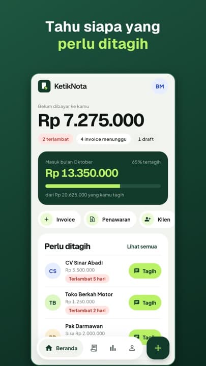 Beranda KetikNota menampilkan tagihan yang belum masuk