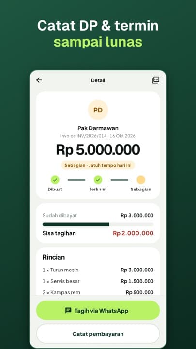 Detail invoice dengan tombol tagih lewat WhatsApp